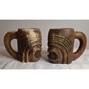 Vintage Pair of Hand Carved Wooden Tiki Mask Mugs 5" Party Barbeque Island
